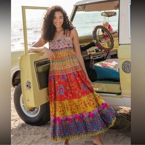 Natural Life Patricia Maxi Dress - Boho Comfy Red Mustard Border - XL